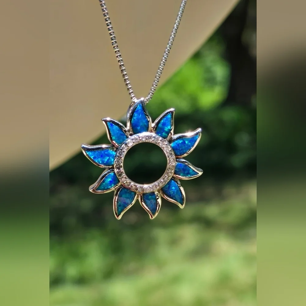 Sterling Silver 925 Necklace Silver 925 Blue Sunflower Opal Pendant Necklace - Picture 6 of 17